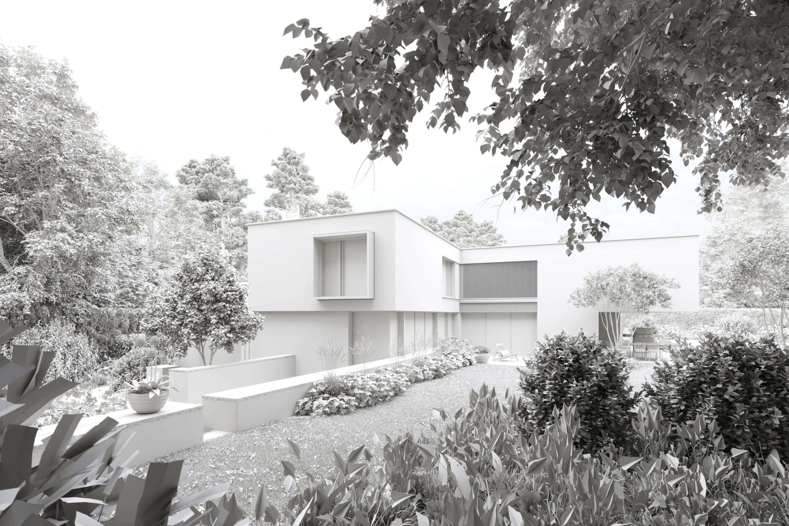 Workflow Schritt 2, Szenengestaltung: Clay-Rendering des Wohnhauses mit Garten in reinem Weiß, noch ohne Materialien
