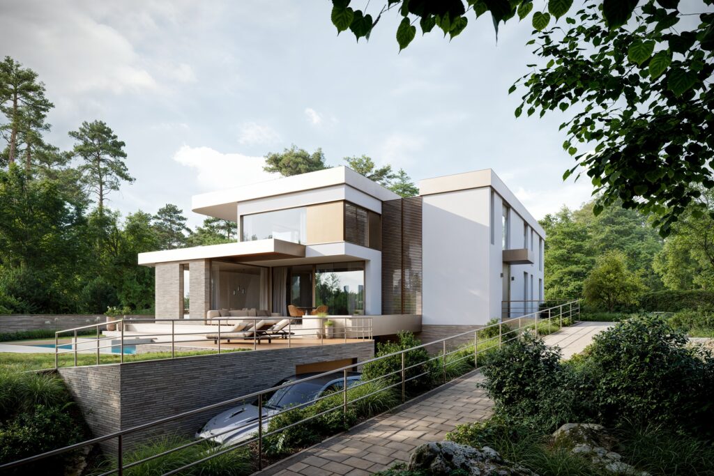 Architekturvisualisierung einer weißen Villa mit auskragendem Obergeschoss, Pool und Holzterrasse