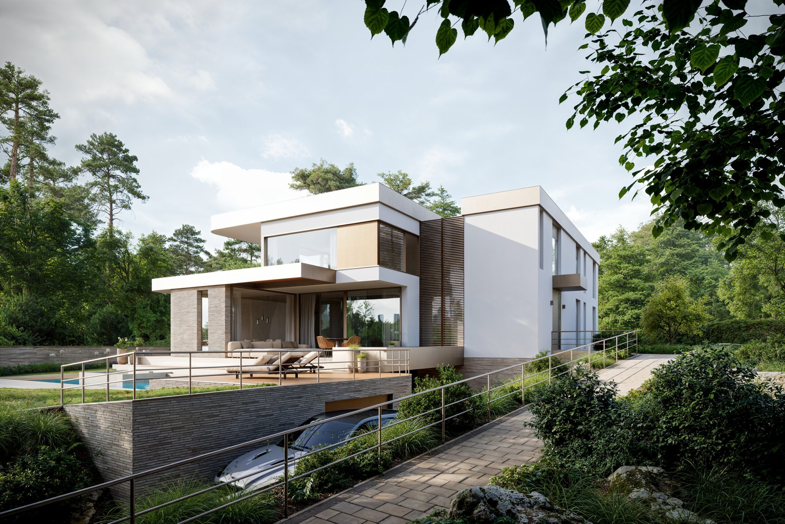 Architekturvisualisierung einer weißen Villa mit auskragendem Obergeschoss, Pool und Holzterrasse