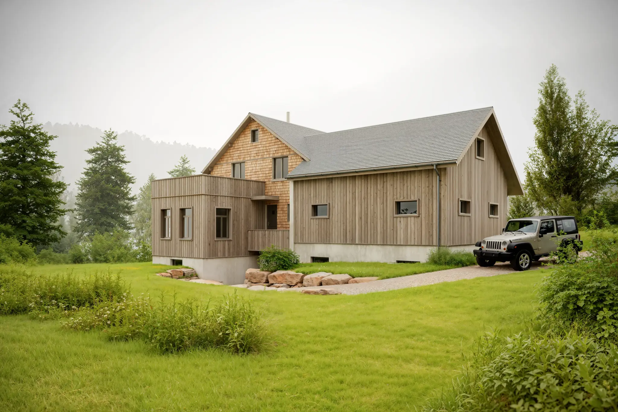 Architekturvisualisierung eines Holzhauses mit Schindelgiebel und Lärchenschalung in weiter Wiesenlandschaft