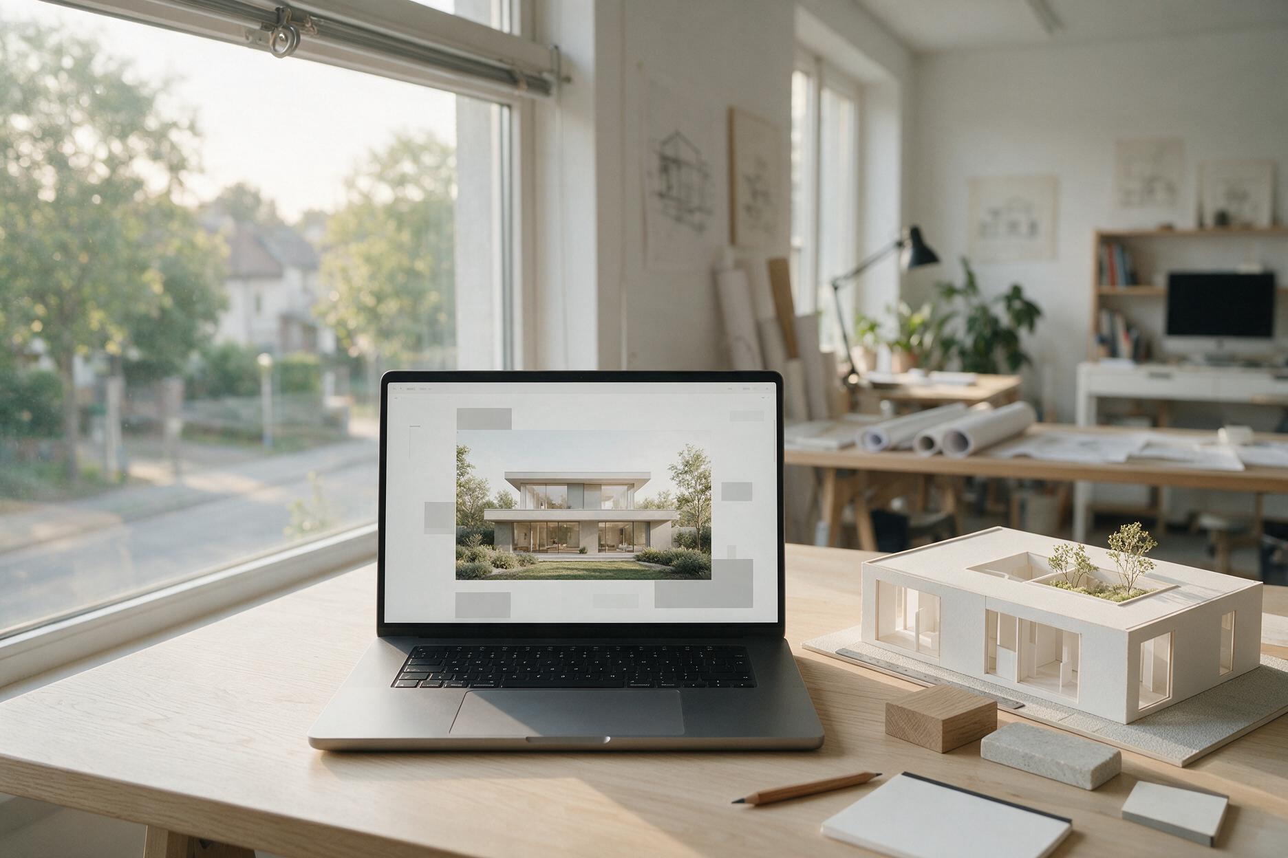 Schreibtisch in einem Architekturbüro mit Laptop, auf dem ein KI-Rendering eines Einfamilienhauses zu sehen ist, daneben ein weißes Arbeitsmodell