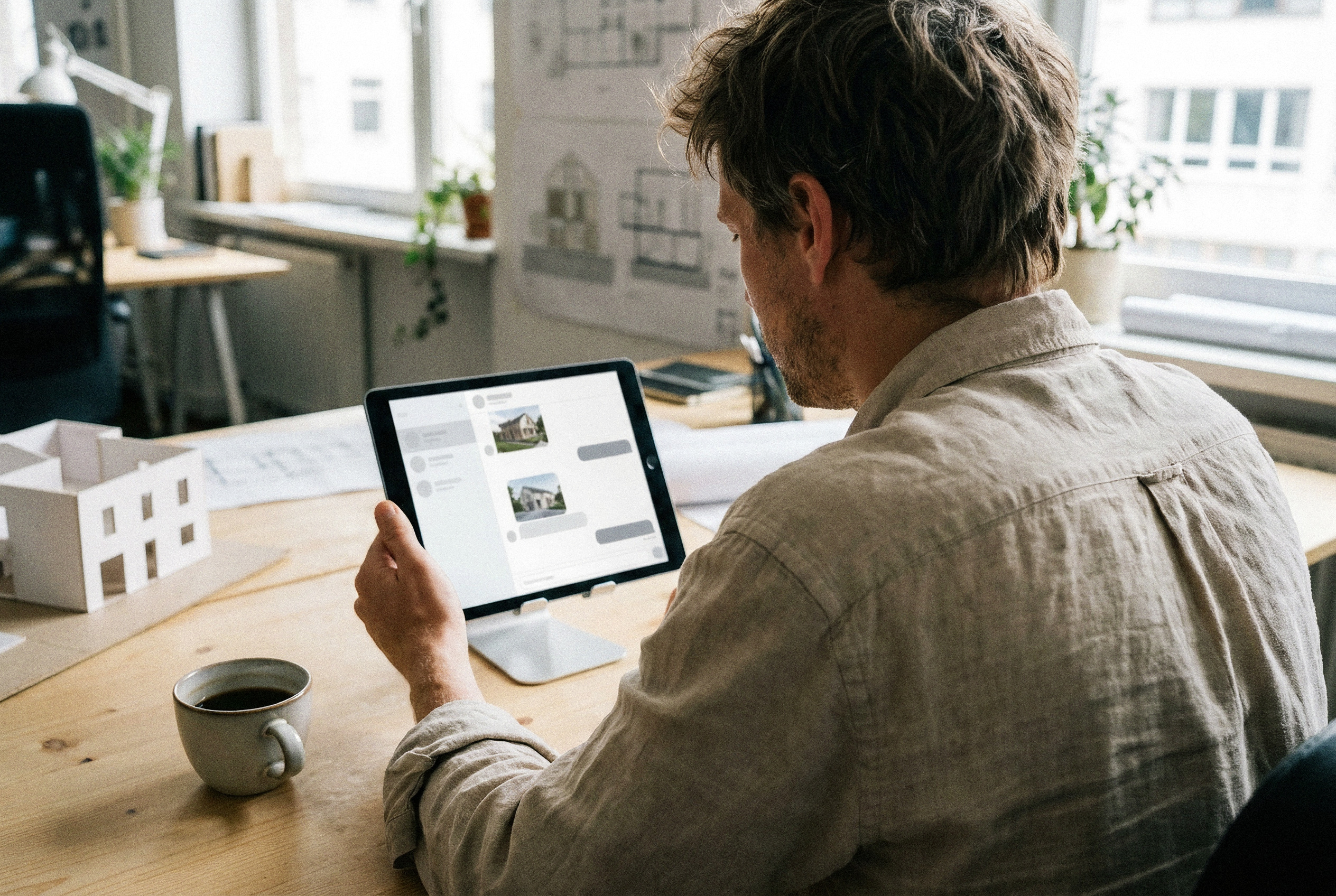 Architekt am Schreibtisch mit einem Tablet, auf dem ein Chat mit kleinen Rendering-Vorschauen zu sehen ist