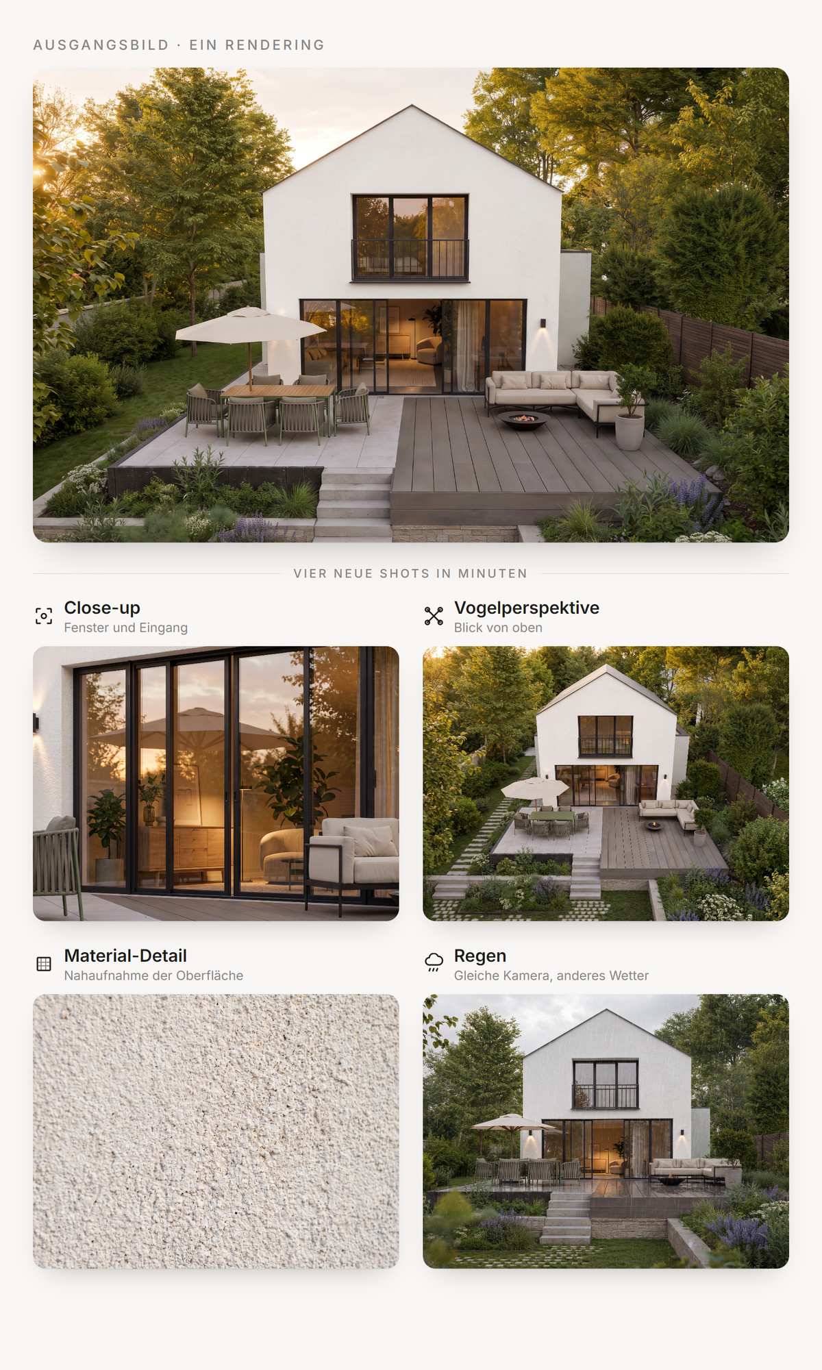Aus einem Rendering eines Einfamilienhauses entstehen vier neue Shots: Close-up, Vogelperspektive, Material-Detail und Regenstimmung