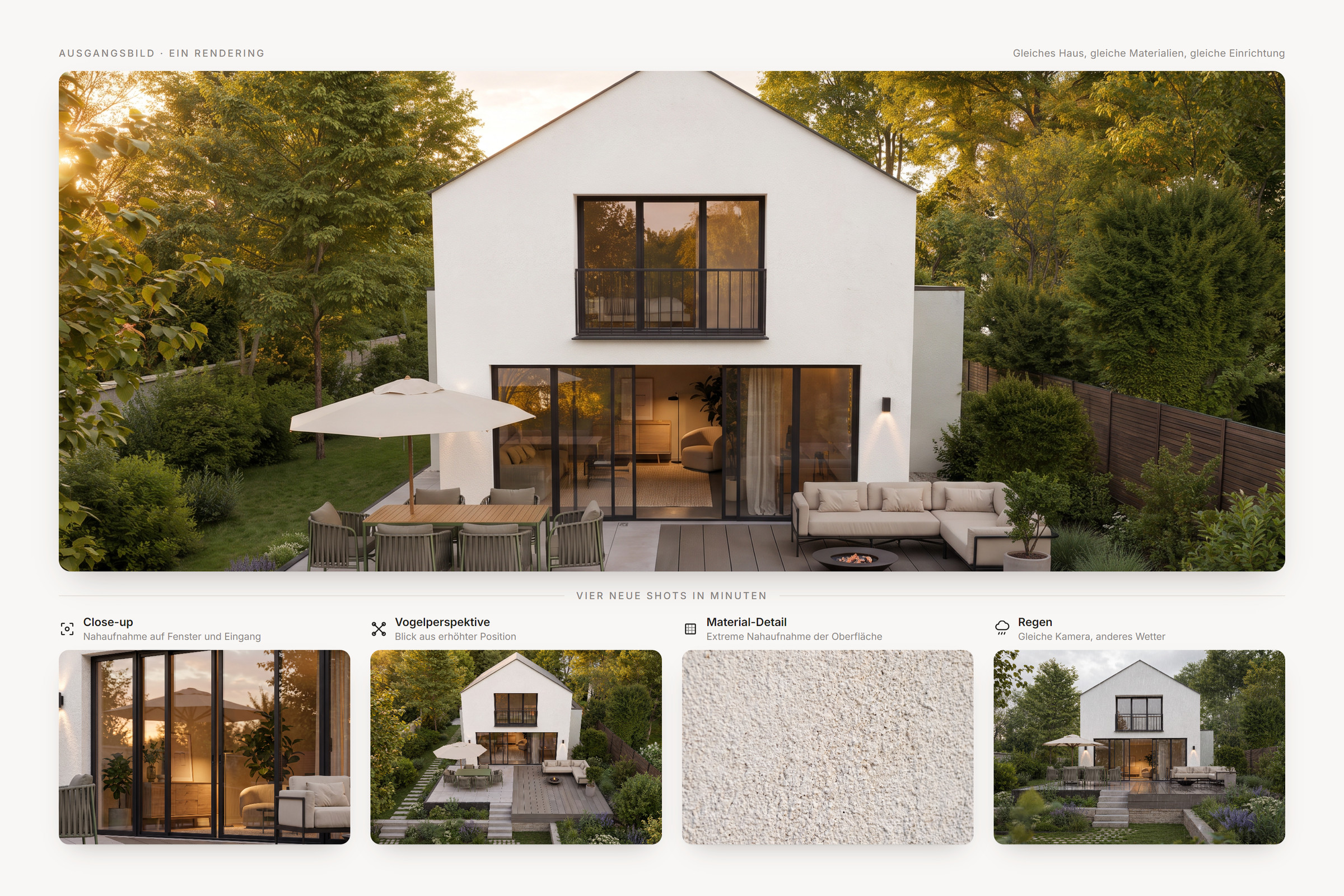 Aus einem Rendering eines Einfamilienhauses entstehen vier neue Shots: Close-up, Vogelperspektive, Material-Detail und Regenstimmung
