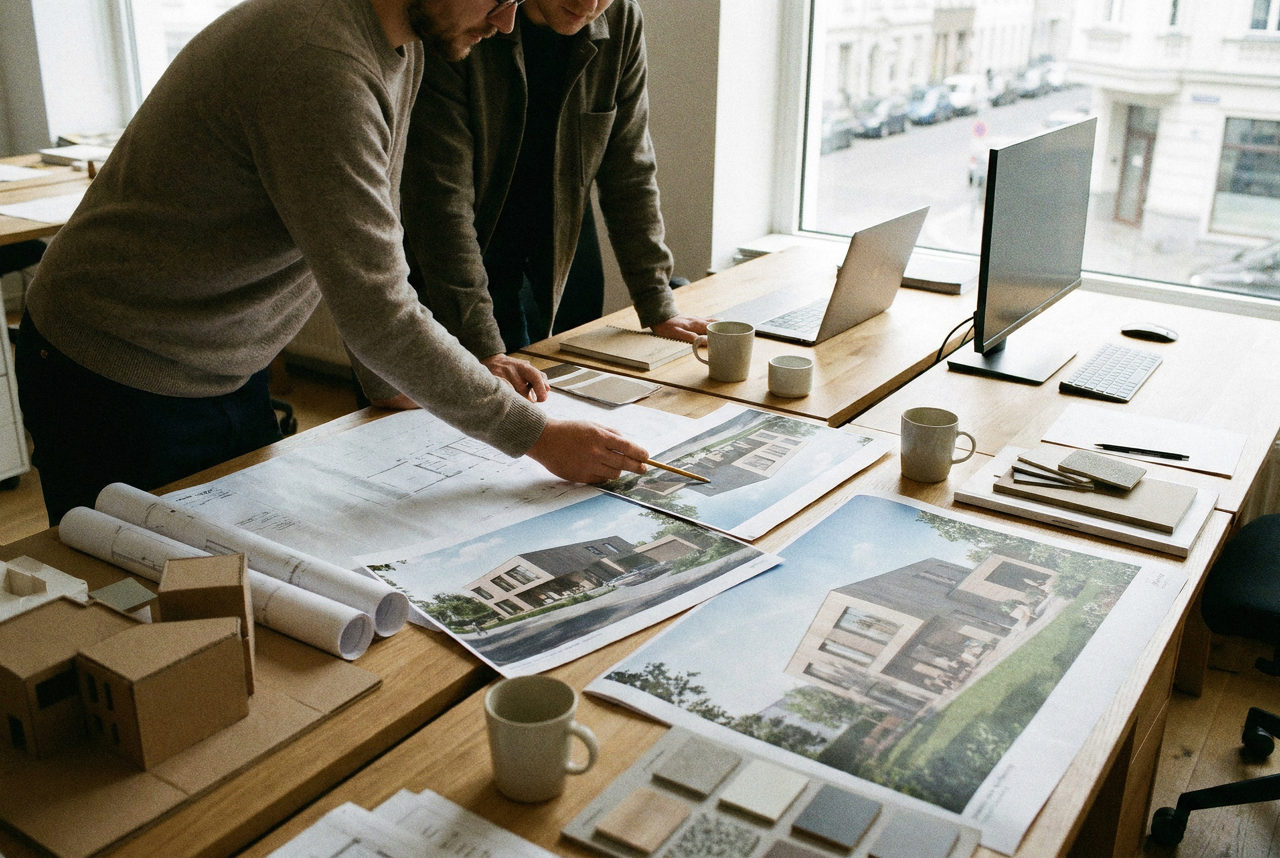 Zwei Personen in einem hellen Architekturbüro besprechen gedruckte Renderings auf einem großen Holztisch, daneben ein Laptop