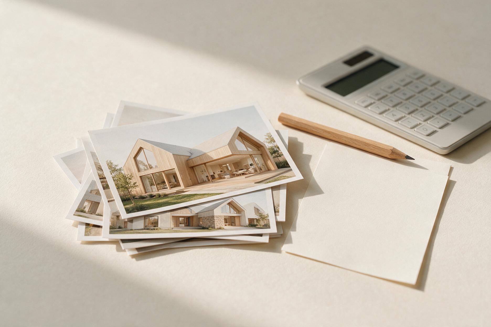 Stapel gedruckter Renderings, Bleistift und Taschenrechner auf hellem Papier