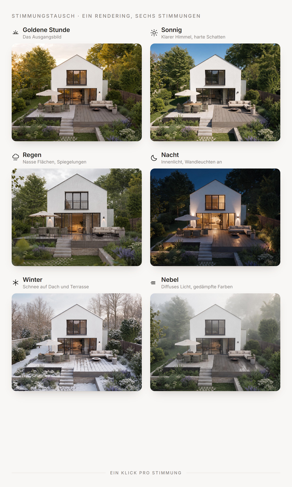 Ein Rendering eines Einfamilienhauses in sechs Stimmungen: Goldene Stunde, Sonnig, Regen, Nacht, Winter und Nebel