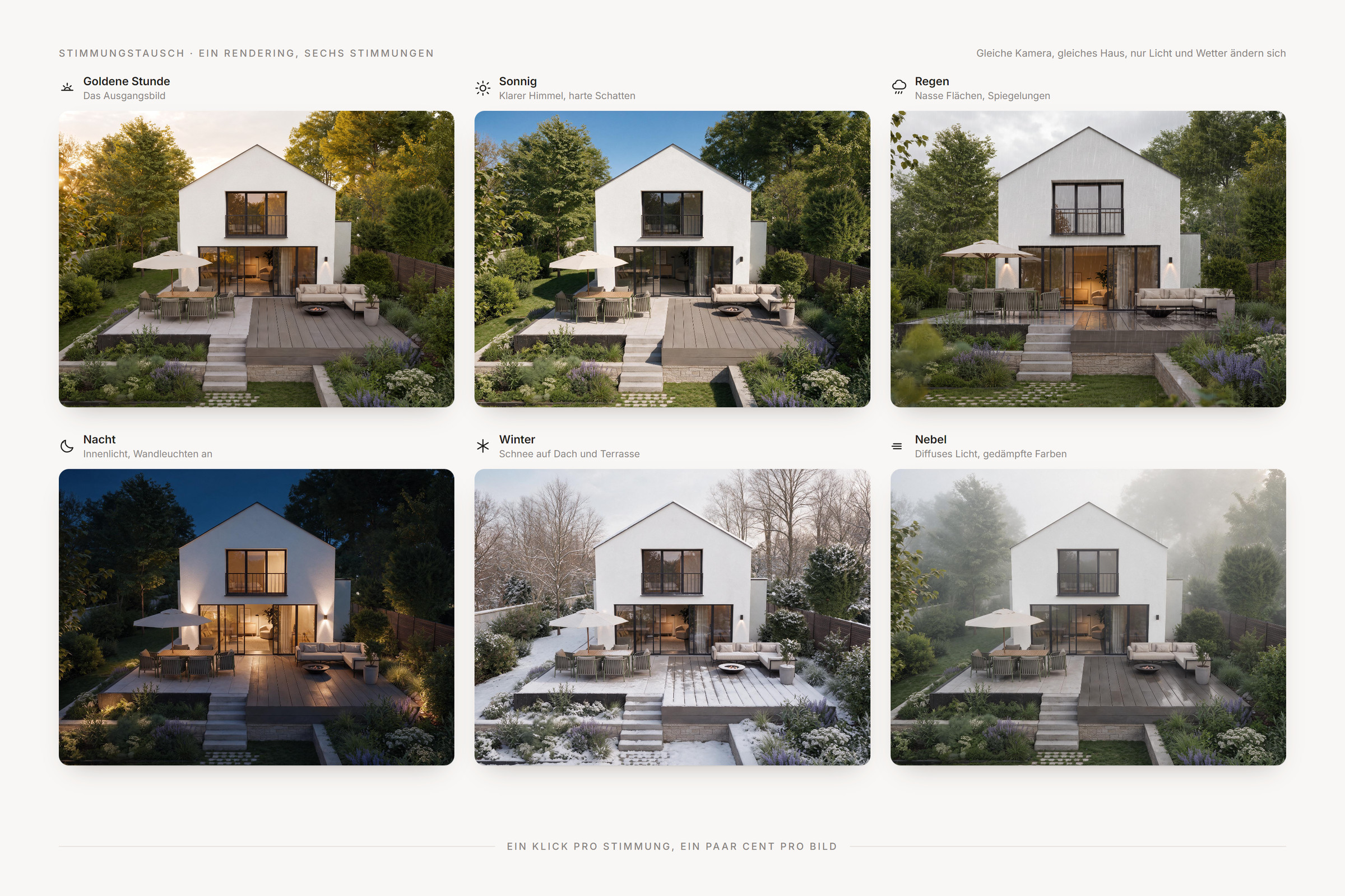 Ein Rendering eines Einfamilienhauses in sechs Stimmungen nebeneinander: Goldene Stunde, Sonnig, Regen, Nacht, Winter und Nebel